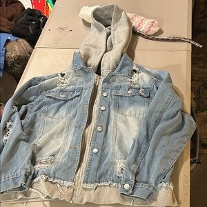 Thrill Light Blue Denim Jacket with Gray Hood